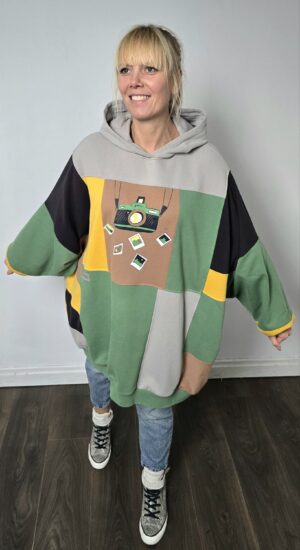Damska bluza oversize large patchwork "I love the photos"